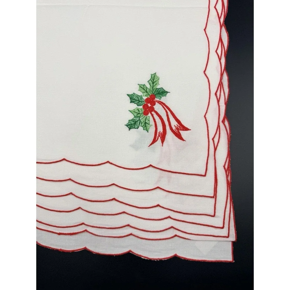 Jabara Set 8 Napkins Holly Berry Christmas Holiday Embroidered Celebration 16x16